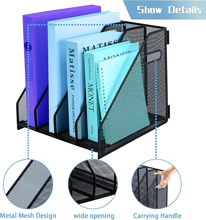 Desk Organizers Metal Magazine File Holder Racks Desktop Folder Storage Binder Organiser Document Organization for Home Office & Classroom,4 Vertical Compartments
