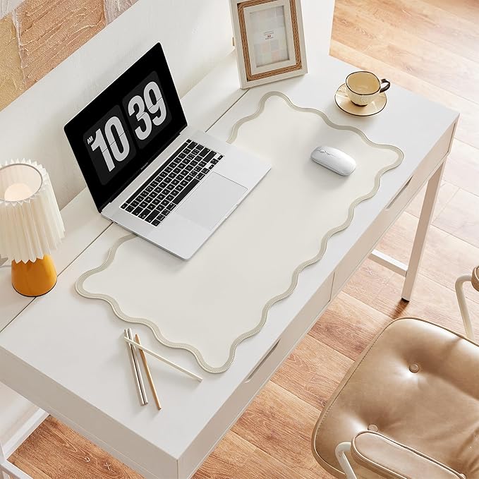 Scalloped Desk Mat, 31.5" x 15.7", PU Leather, Waterproof Anti-Slip, Cute Aesthetic Desk Pad for Office/Home/Game/Vanity (Beige, Large)