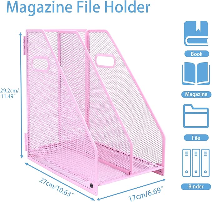 Desk Organizers Metal Magazine File Holder Racks Desktop Folder Storage Binder Organiser Document Organization for Home Office & Classroom,2 Vertical Compartments-Pink
