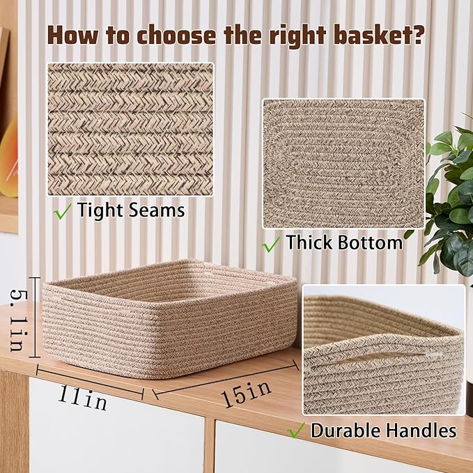 MiniArk Large Shallow Organizing Baskets 15x11x5.1 Inches - Rope Woven Storage Bins for Bathroom, Shelves, Cube Closet, Mixed Brown 2 Packs