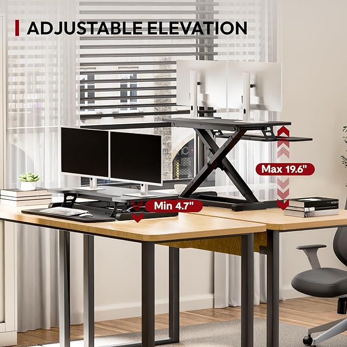 SANODESK 32" Height Adjustable Standing Desk Converter, Desk Riser Sit Stand Workstation for Home Office Laptop & Dual Monitor Setup, Ergonomic Lift Platform, Black