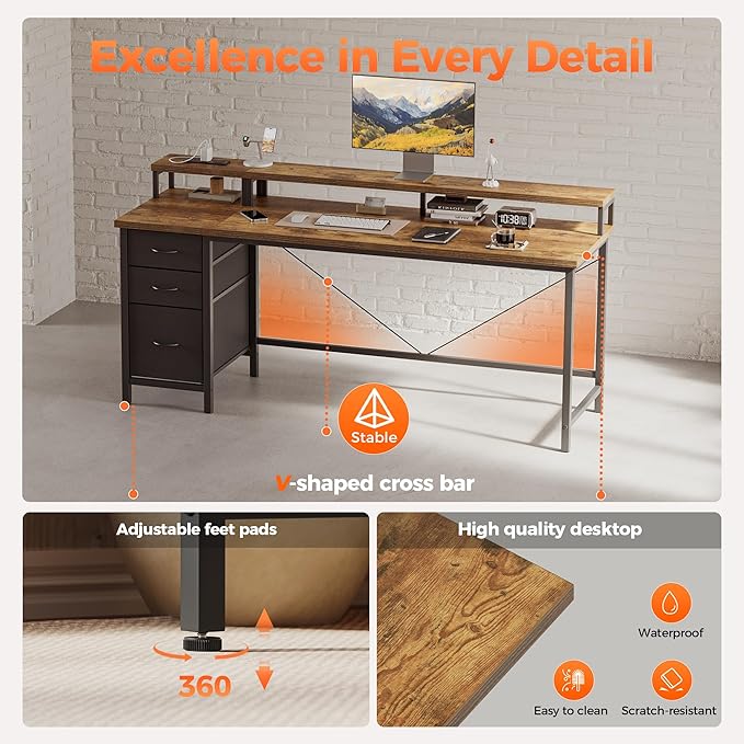 Mericonia 63 inch Computer Desk with Storage Drawers & Monitor Stand, Reversible Gaming Desk with LED Lights & Power Outlets, Large Gaming Table for Home Office