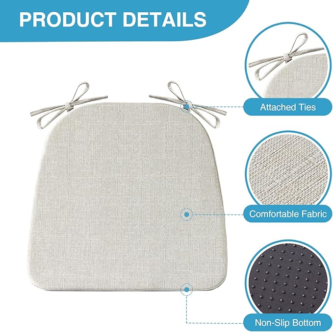 IASEAHK Chair Cushions for Dining Chairs Set of 4, Non Slip Kitchen Chair Pads, 17" x 16" x 2", Indoor Dining Chair Cushions with Ties, D-Shaped Seat Cushions for Kitchen Chairs, Beige