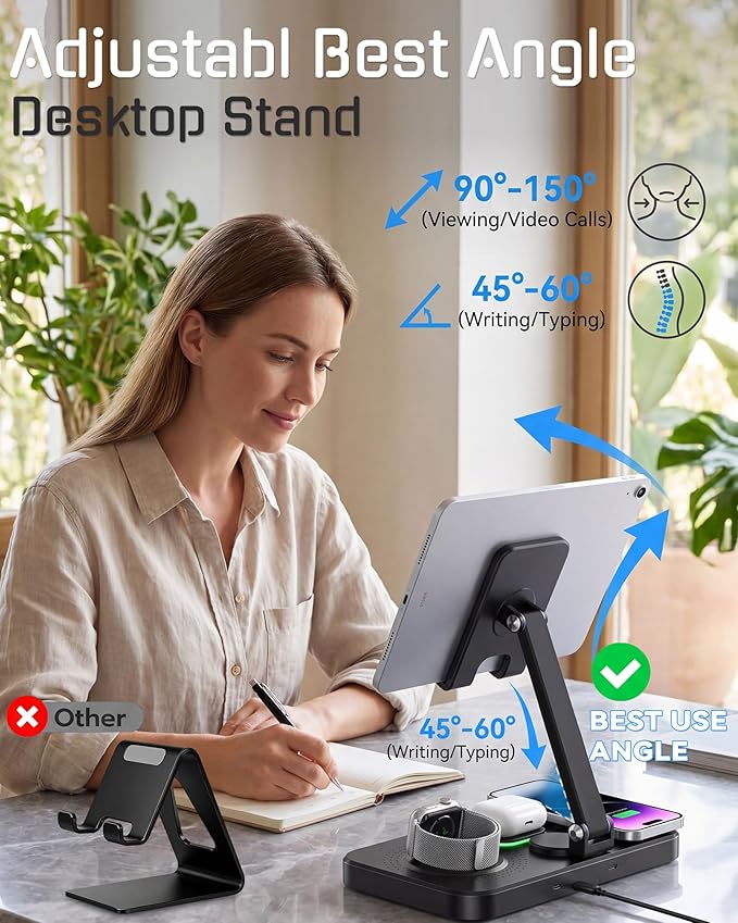 6 in 1 Charging Station for Apple Multiple Devices, Wireless Charging Station with Clock & 7 RGB Light, Foldable Wired Chargers for Multiple Devices for iPhone 17/16/15, iPad, Apple Watch, AirPods