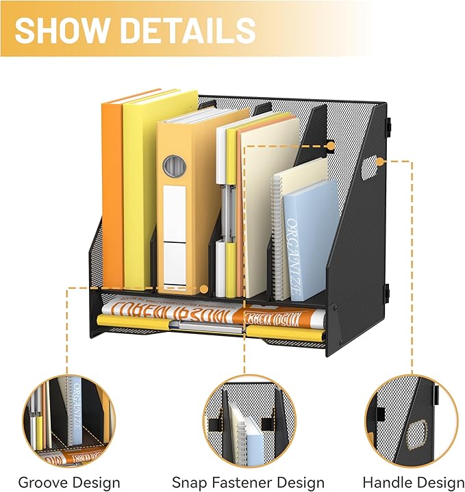 DALTACK Magazine File Holder, 4 Vertical Compartments Rack Binder Organizer with Paper Tray, Metal Magazine Organizer for Office, Home, School (Black)