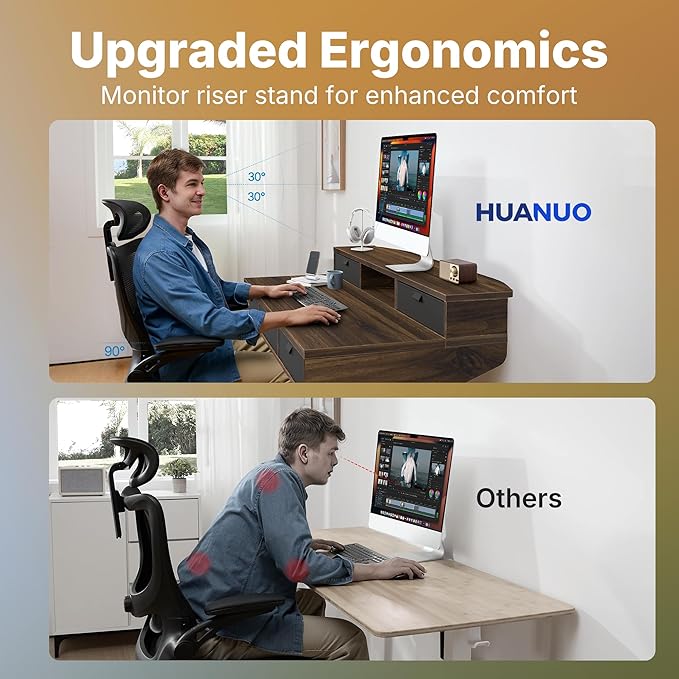 HUANUO 48 X 24 inch Electric Standing Desk with 4 Drawers, Adjustable Height Sit Stand Home Office Desk, C-Clamp Mount Compatible, Ergonomic Stand up Desk with 4 Preset Heights, Walnut