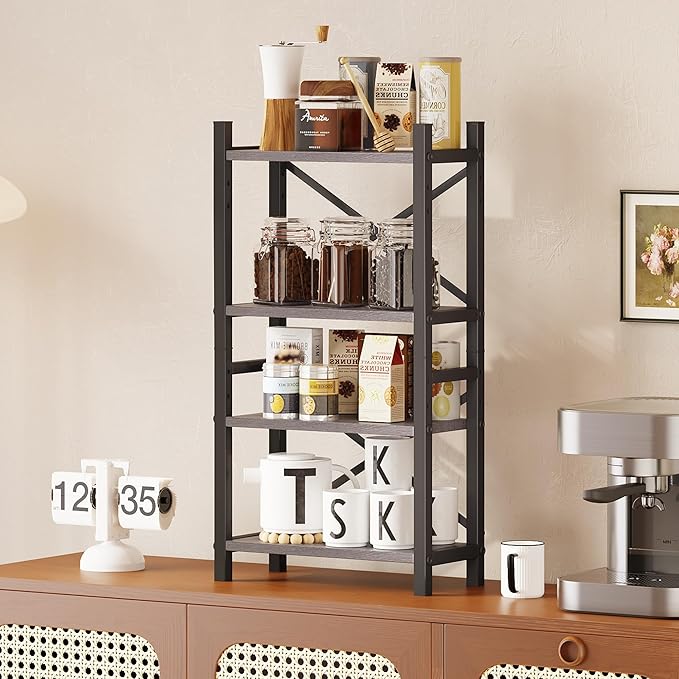 Desktop Bookshelf, 4-Tier Stackable Narrow Bookcase, Adjustable Industrial Desk Organizer & Hutch - Rustic Brown Wood Desktop Book Organizer for Living Room, Bedroom & Home Office