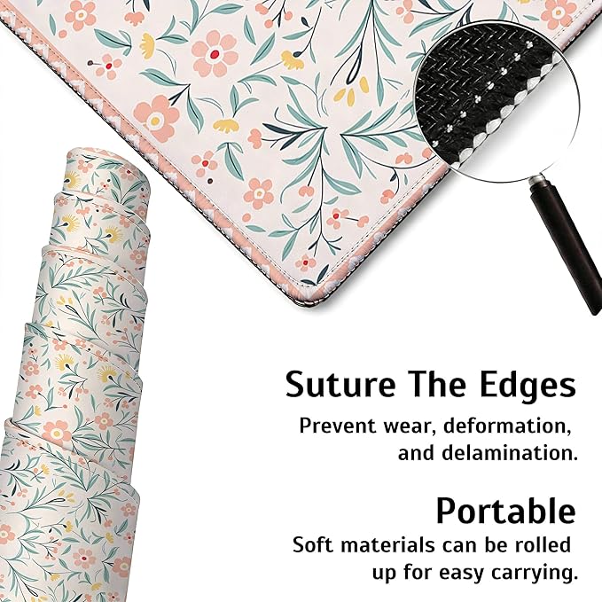 Large Gaming Mouse Pad Pink Floral Desk Mat,Non-Slip Rubber Base Stitched Edges,Extended Mousepad for PC,Laptop,Office,Home Decor(31.5 x 11.8 Inch)
