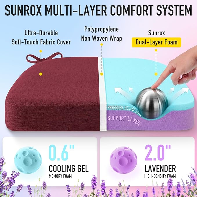 SUNROX Cooling Gel Memory Foam Chair Cushions, 2.6" Thick U-Shaped Dual-Layer Comfort Dining Chair Pads, Non Slip Seat Cushion with Ties for Indoor Kitchen Office 17"x16" Set of 4, Burgundy
