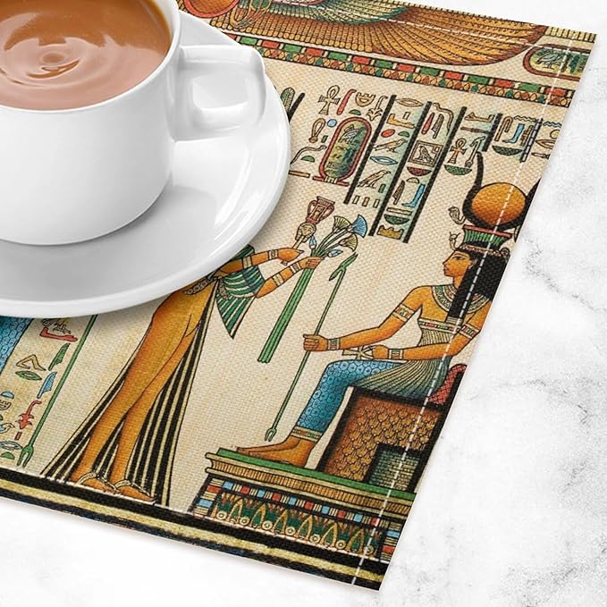 Ancient Egyptian Placemats Golden Egyptian Architecture Pyramid Old History Mural Linen Washable Table Mats Stain Heat-Resistant Desktop Decor Place Mats for Home Kitchen Dining Party 12x18 in 6 Pcs