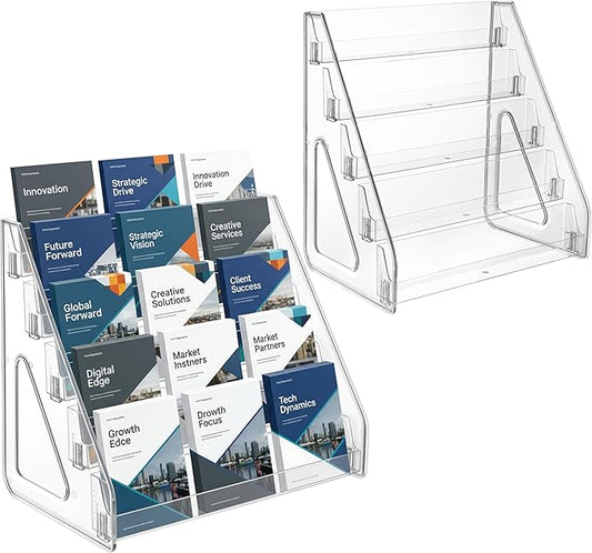 2 Pack 5-Tier Acrylic Brochure Holder 12x13 Inch Countertop Pamphlet Display Stand & Literature Organizer, Tiered Desk Rack for Office Home Store Flyers Booklets Table Signs