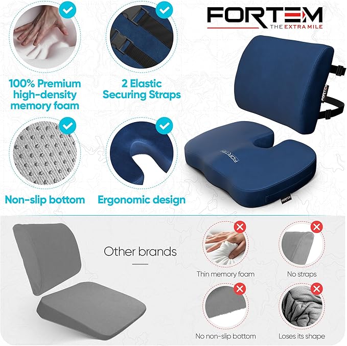 FORTEM Seat Cushion, Office Chair Cushion, Lumbar Support Pillow for Office Chair, Memory Foam Car Seat Cushions, Sciatica Coccyx Tailbone Pain Relief, Cushions for Back Support, Washable, Non Slip