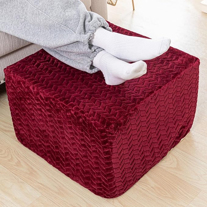 Furry Square Pouf Ottoman – 20"x14" One-Piece Seamless Integral Foam Foot Stool Ottoman Foot Rest Living Room Bedroom Under Desk (Redwine)