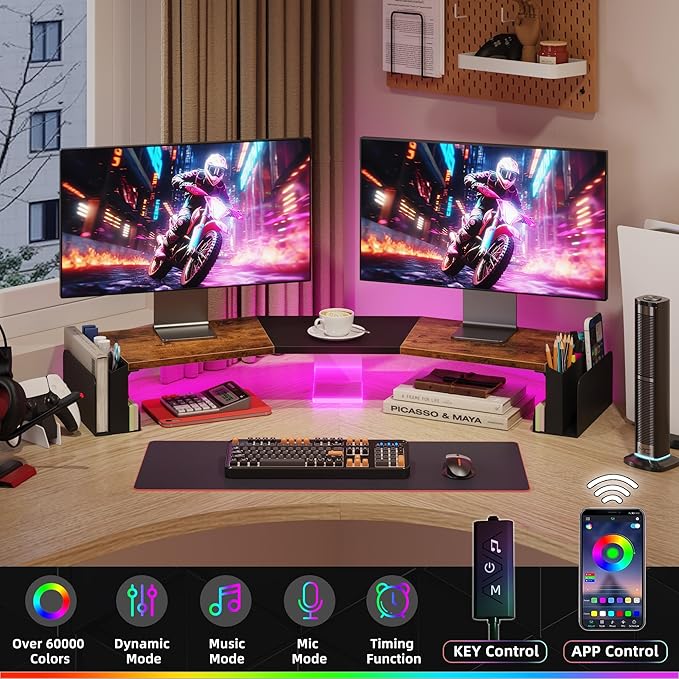 WESTREE Dual Monitor Stand Riser with Pen Holder, Computer Monitor Riser with Adjustable Angle and LED Light, Desktop Monitor Stand Riser Storage Organizer for Computer, Laptop, Printer, TV