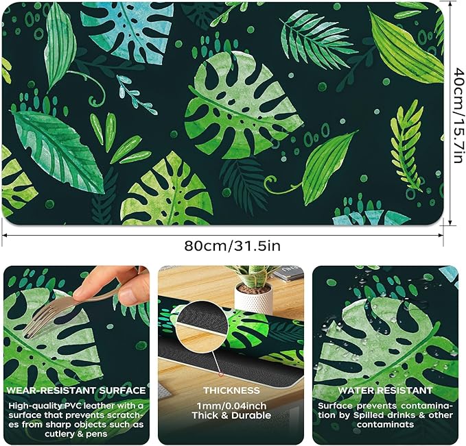 Green Desk Mat 31.5" x 15.7", Cute Plant Cool Desk Pad Keyboard Mat Large Mouse Pad Green Desk Mat Desk Decor with Stitched Edges Non-Slip Large Computer Matt 31.5" x 15.7", Greenery