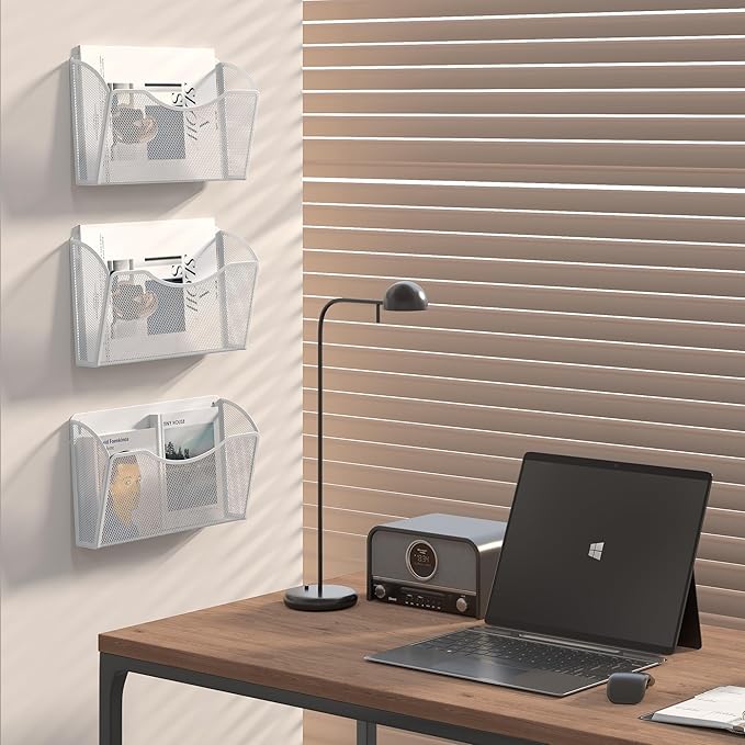 EasyPAG 3 Pack Wall File Organizer, Metal Mesh Hanging File Folder Holder for Letter/A4 Size Folders, Vertical Wall Mount Mail Sorter for Office Paperwork, Classroom, White