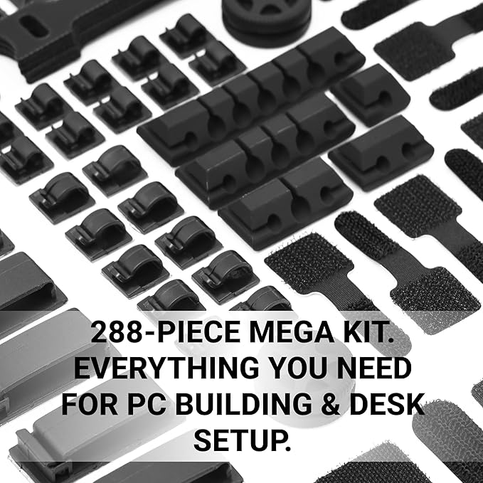 Hexcal 288-Piece Cable Management Kit - All-in-One Desk Organizer Set with Cable Sleeves, Silicone Clips, and Adhesive Ties - Premium Wire Management for Home Office, Gaming, and PC Building - Black