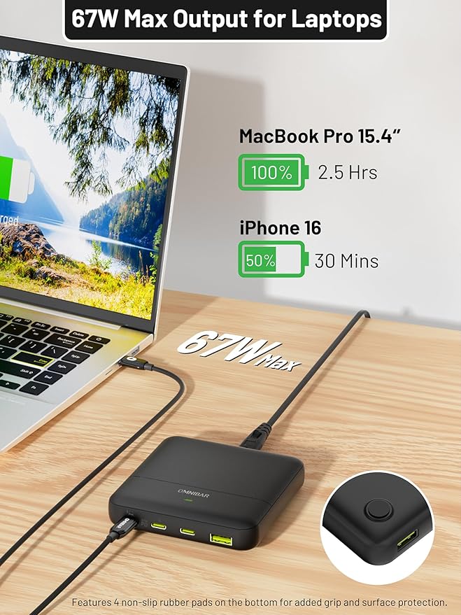 USB C Charging Station 67W, 4-Port Slim USB C Charger Block for iPhone 17/16/15, MacBook Air/Pro with 5ft Extension Cord, 3 USBC, 1 USB-A, Fast Charging Desktop Charger for Home Office Travel, Black