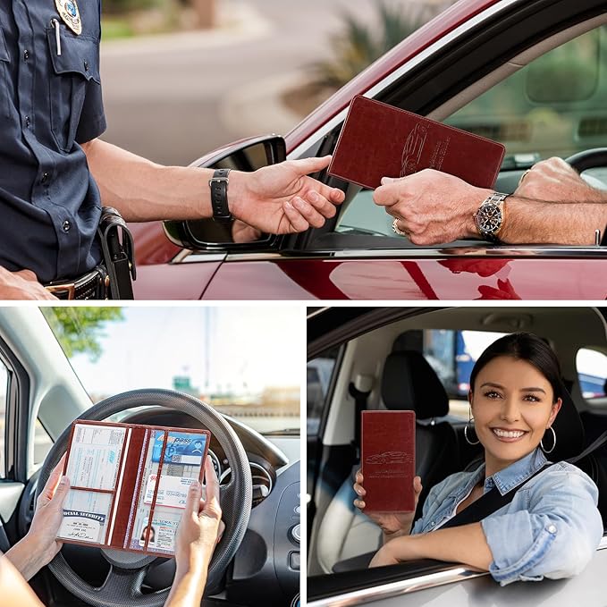 Car Registration and Insurance Card Holder for Women Men, Dark Brown Glove Box Paperwork Organizer with Magnetic Buckle for Easy Access and Protect Documents and Various Cards in Vehicle