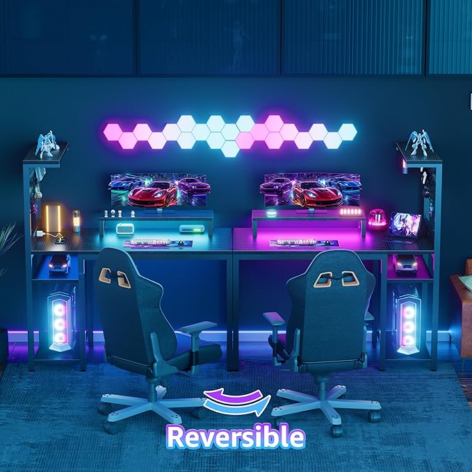 40 inch Small Gaming Desk with Pegboard Shelves Computer Desks with Led Lights Power Outlets PC Monitor Stand Reversible Storage Shelf Table for Bedroom Small Space, Black