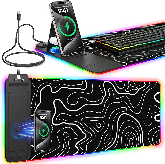 RGB Mouse Pad with Foldable Phone Stand Wireless Charger, 31.5"x11.8" XL Gaming Mousepad Large Desk Mat, Desk Pad with 11 Colors 5 Modes, Waterproof (Topographic Print)