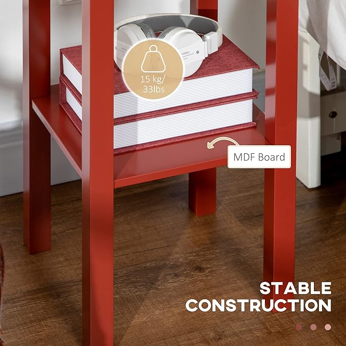 HOMCOM Narrow End Table with Drawer and Bottom Shelf, Slim Side Table for Small Spaces, Skinny Modern Accent Desk for Living Room, Set of 1, Red