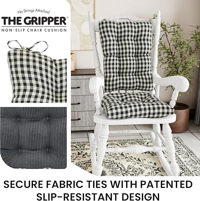 Klear Vu The Gripper Non-Slip Rocking Chair Cushion Set with Thick Padding, Includes Seat Pad & Back Pillow with Ties for Indoor Living Room Rocker, 17x17 Inches, 2 Piece Set, Gingham Black