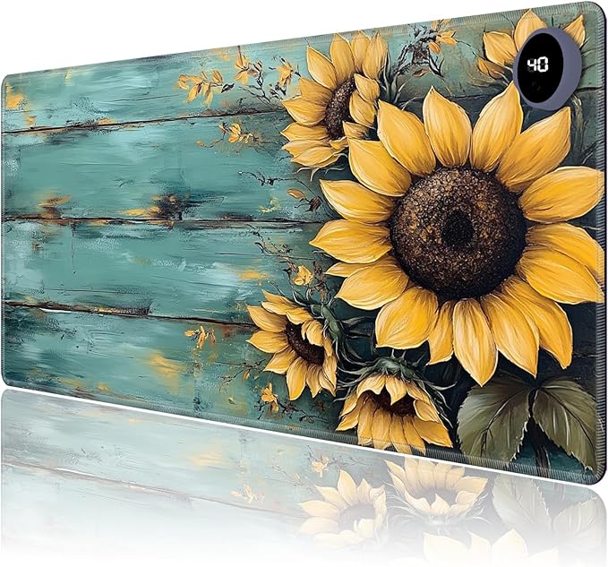 Heated Mouse Pad,Warm Desk Pad with 3 Levels Heating & 3 Hours Auto Shut-Off, PU Leather Heated Desk Pad Warmer Pad for Home Office - 31.5 x 13 inch,Sunflower Blue Wood Grain