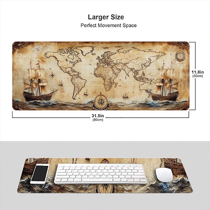 Vintage Map Mouse Pad World Ship Compass Antique Extended Mousepad Waterproof Stitched Edges Rubber Base Non-Slip Deskmap Computer Keyboard Mat Office Computer Keyboard Laptop Home 31.5x11.8 Inch