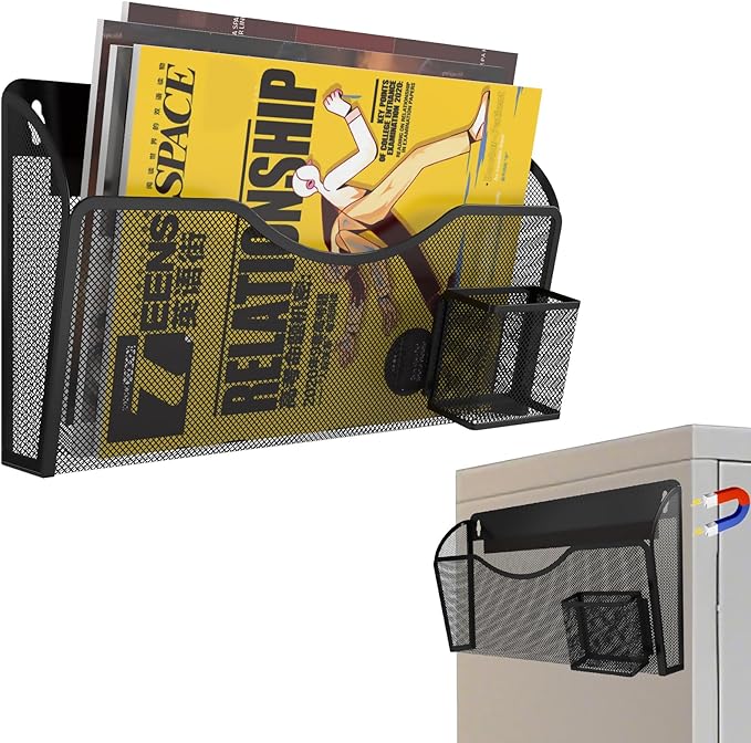 Magnetic File Holder 1 Pockets File Folder Organizer with Pen Holder, Office Hanging Magazine Rack for File Cabinets, Magnetic Paper Holder, No Drilling Mail Organizer for Refrigerator, Office (Black)