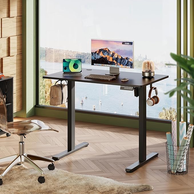 DEVAISE 40 Inch Electric Standing Desk, 3 Adjustable Computer Desk for Home Office, Ergonomic Sit to Stand Desk with LED Touchscreen，Headphone Hook, 3 Memory Preset, with One-Piece Desktop, Black
