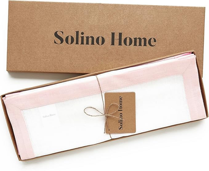 Solino Home Linen Placemats Set of 4 - Blush Pink and White Placemats 14 x 19 Inch - 100% Pure Linen Table Place Mats for Spring, Summer - Classic, Handcrafted and Machine Washable