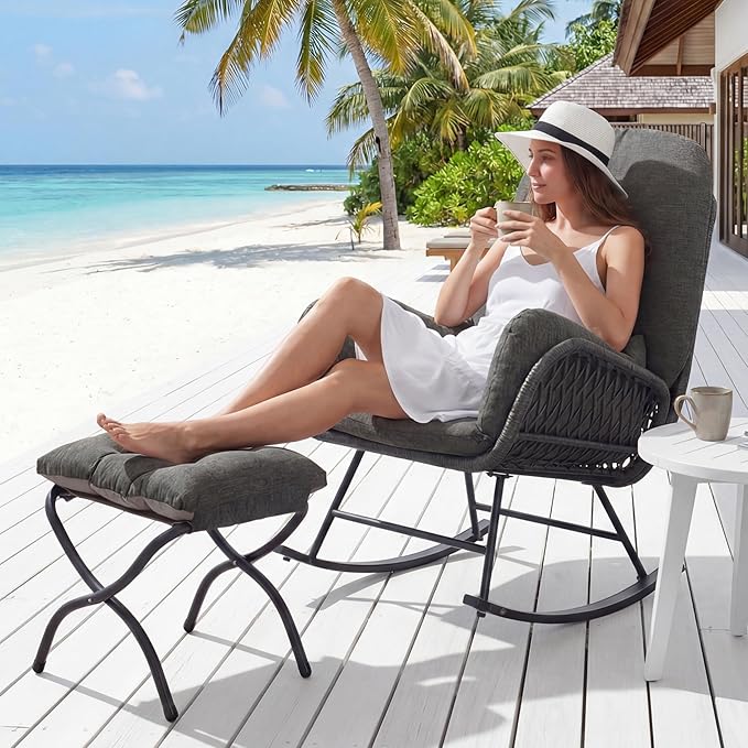 Outdoor Rocking Chairs with Ottoman Set of 2, Patio Glider Rocking Chair with Cushion, Comfy Rattan Lounge Chairs for Bedroom, Living Room, Dark Gray