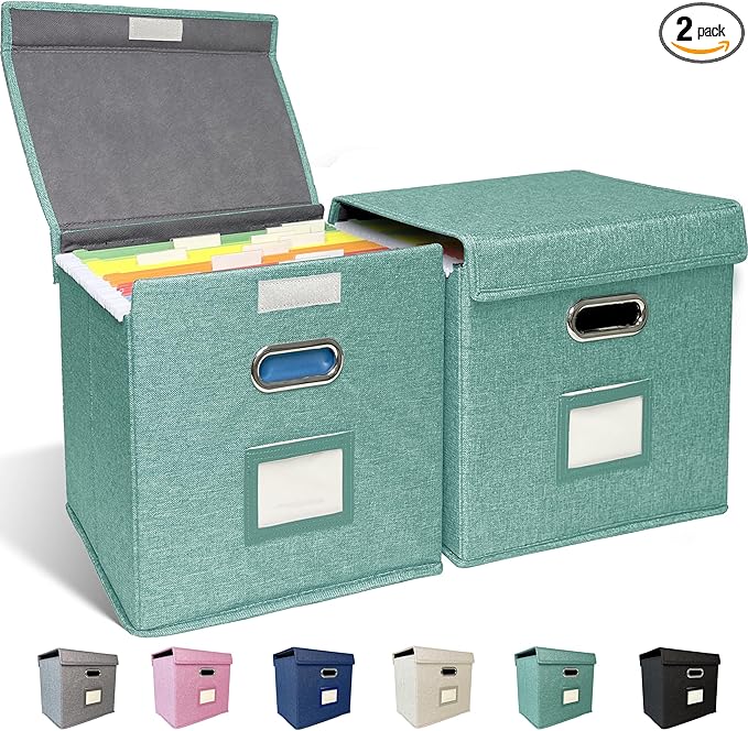 2 Pack Hanging File Folder Box with Lid, Durable Letter Size Filing Storage Box, Sturdy File Holder with Cardboard Support PVC Rails for Office Home Organizer, Green