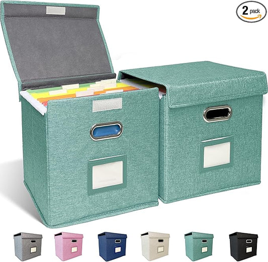 2 Pack Hanging File Folder Box with Lid, Durable Letter Size Filing Storage Box, Sturdy File Holder with Cardboard Support PVC Rails for Office Home Organizer, Green