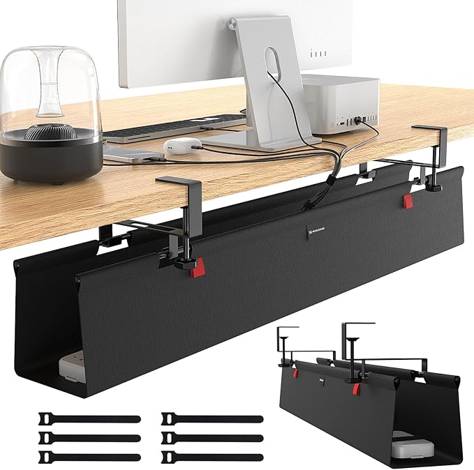 No Drill Under Desk Cable Management Tray, 28" Cord Management Tray with Cable Loop, Upgraded Oxford Fabric Wire Management for Standing Desk - No Damage to Table