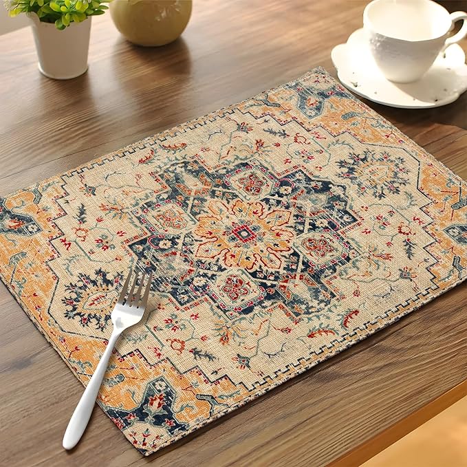 Boho Style Beige Placemats Set of 4,Vintage Elegant Farmhouse Table Center Linen Decor,12x18 Inch Country Rustic Farmhouse Magical Fall Table Mats for Party Kitchen Dining Decoration