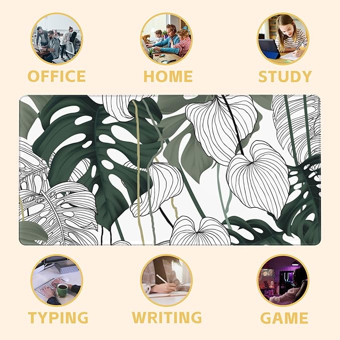 Tropical Leaf Extended Large Gaming Mouse Pad Split Leaf Philodendron Plant XXL Mousepad Desk Pad Mat for Keyboard and Mouse, Non Slip Rubber Base Mousepad with Stitched Edges, 31.5 x 15.8 in
