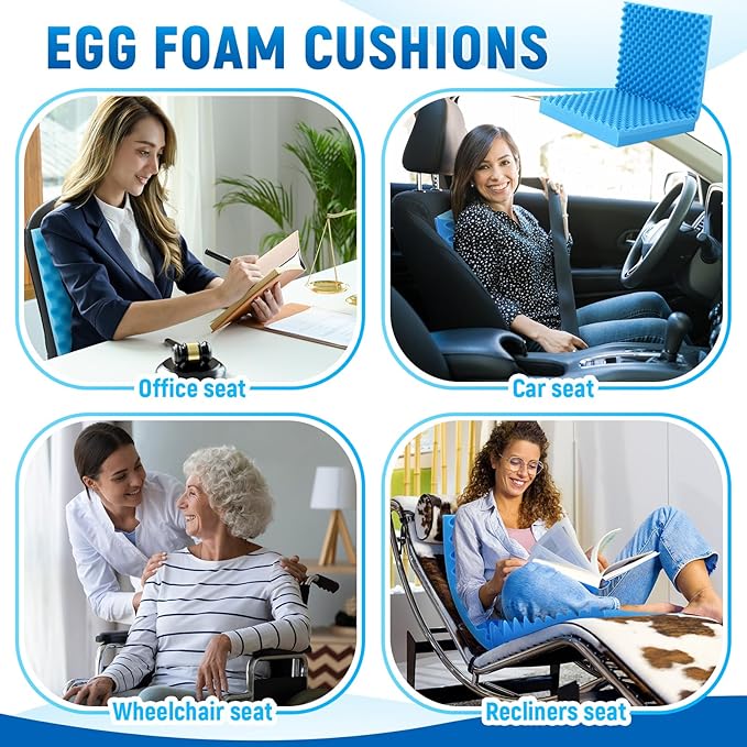 Geiserailie 2 Pcs 32 x 18 x 3 Inches Egg Foam Pad with Back Egg Foam Cushions Wheelchair Seat Cushion to Relieve Back for Office Chairs Wheelchairs Recliner Chair Accessories (Blue)