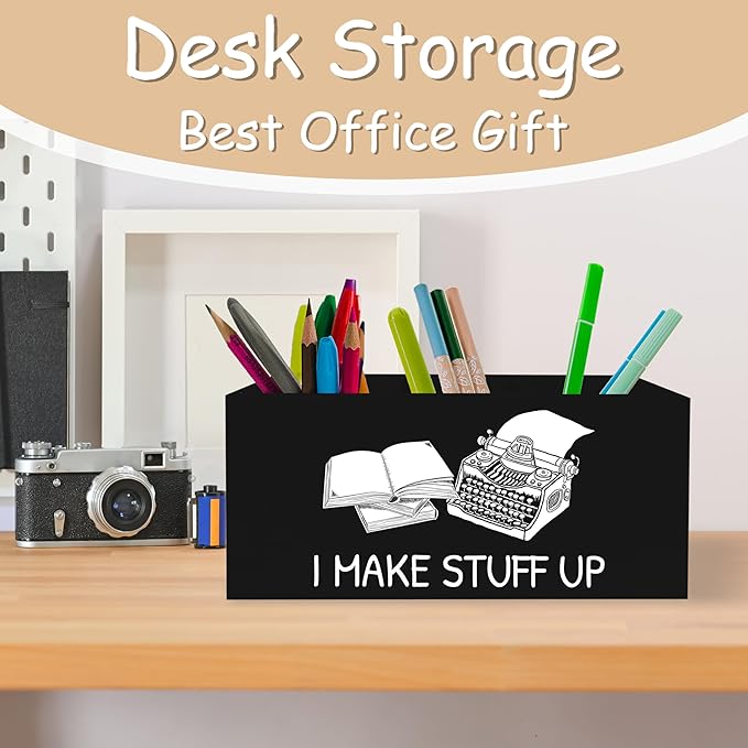 Funny Writer Pen Pencil Holder Organizer for Desk, Gifts for Writers and Authors, I Make Stuff Up Wooden Box Block Sign for Home Office Tabletop Decor