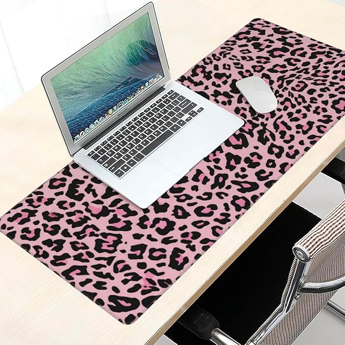 Leopard Large Mouse Pad & Desk Mat Pink Black Cheetah Print Extended Mousepad Non-Slip Rubber Base Laptop Computer Keyboard Pad for Gaming, Office & Home Decor, XXXL - 35.4" X 15.7"