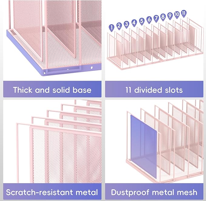 File Organizer for Desk, 11-Section Vertical File Sorter, Paper Holder Organizer Standing Metal File Folder for Office Home Classroom, Pink