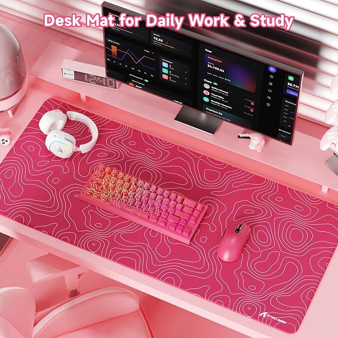 ATTACK SHARK CM02Pro Gaming Mouse Pad for Esports Speed Large Mouse mats for Desk Waterproof Surface Stitched Edges and Anti-Slip Rubber Base Size XXL Laminate 35.43” x 15.75” x 0.16” Pink Contour