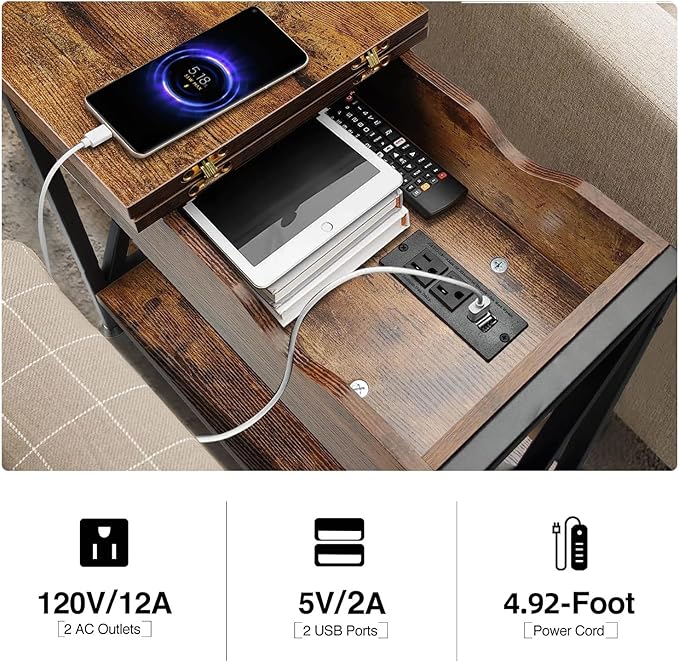 TooCust End Tables Living Room with Charging Station, 12" D x 24" W x 24" H, Flip Top Side Table with USB Ports and Outlets, Couch End Tables, Narrow End Table with 5.5" Deep Drawer