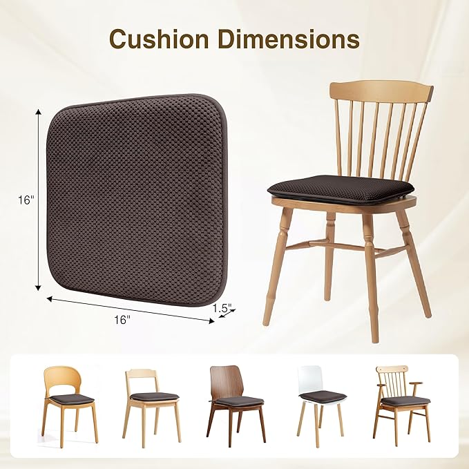 puredown® Chair Cushions for Dining Chairs, Set of 4 Memory Foam Seat Cushions with Non-Slip Backing & Ties, 16" x 16" x 1.5", Comfortable & Supportive Dining Chair Pads for Kitchen, Coffee