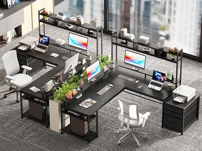 EnHomee 104'' L Shaped Gaming Desk, Reversible Two Person Corner Computer Desk with Power Outlet & LED Lights, Monitor Stand & 3 Drawers, Home Office Workstation for Living Room, Black