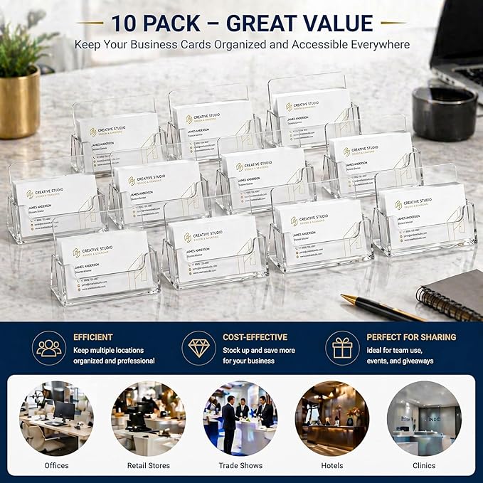 Lineshading 10 Pack Business Card Holder Desk Clear Acrylic Name Card Display Stand Tabletop Vertical Organizer Fits 3.5" x 2" Standard for Office Marketing Wedding Businesses Event Planning