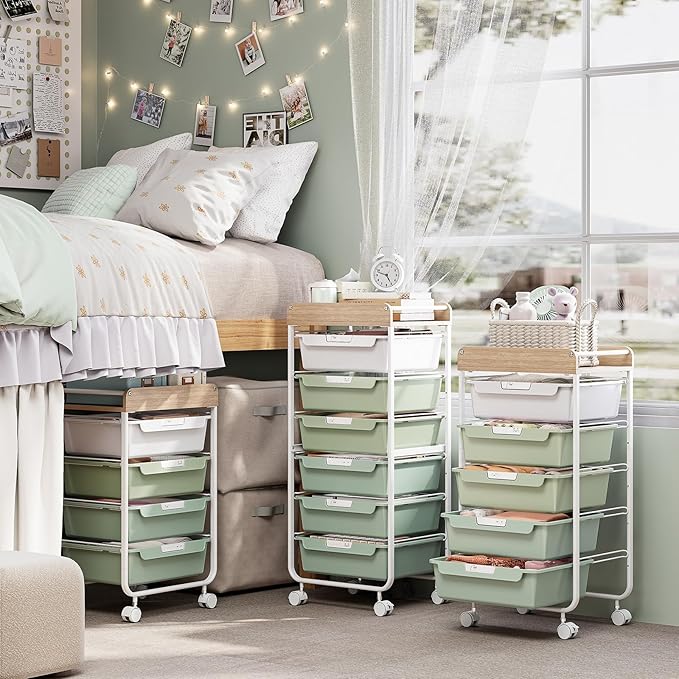 SYKIARIOL Rolling Storage Utility Cart with 5 Drawers,Craft Cart with Wheels,Makeup Organizer,Art Supply and Storage Wooden Tabletop,Green