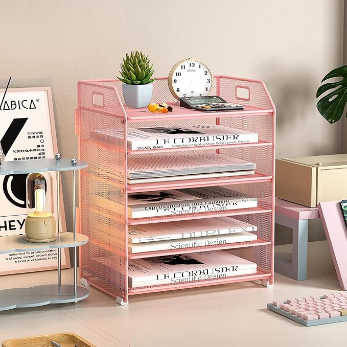 6 Trays Paper Organizer Letter Tray with Pull-Out Drawer, Assembled Mesh Desk File Holder, Metal Paper Sorter for Office Documents, Pink
