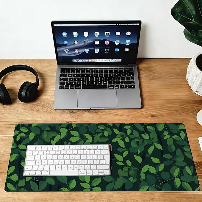 Black Cat Hide Green Leaves Mouse Pad,35.4 x 15.7 Inch Large Mouse Mat Non-Slip Rubber Stitched Edges for Writing Desk,Office,Home,Laptop